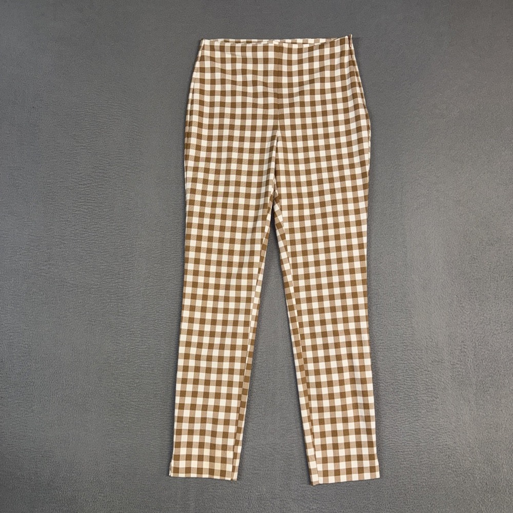 Zara Basic Pants Womens Small Brown Check Straight Side Zip Flat Front Cotton